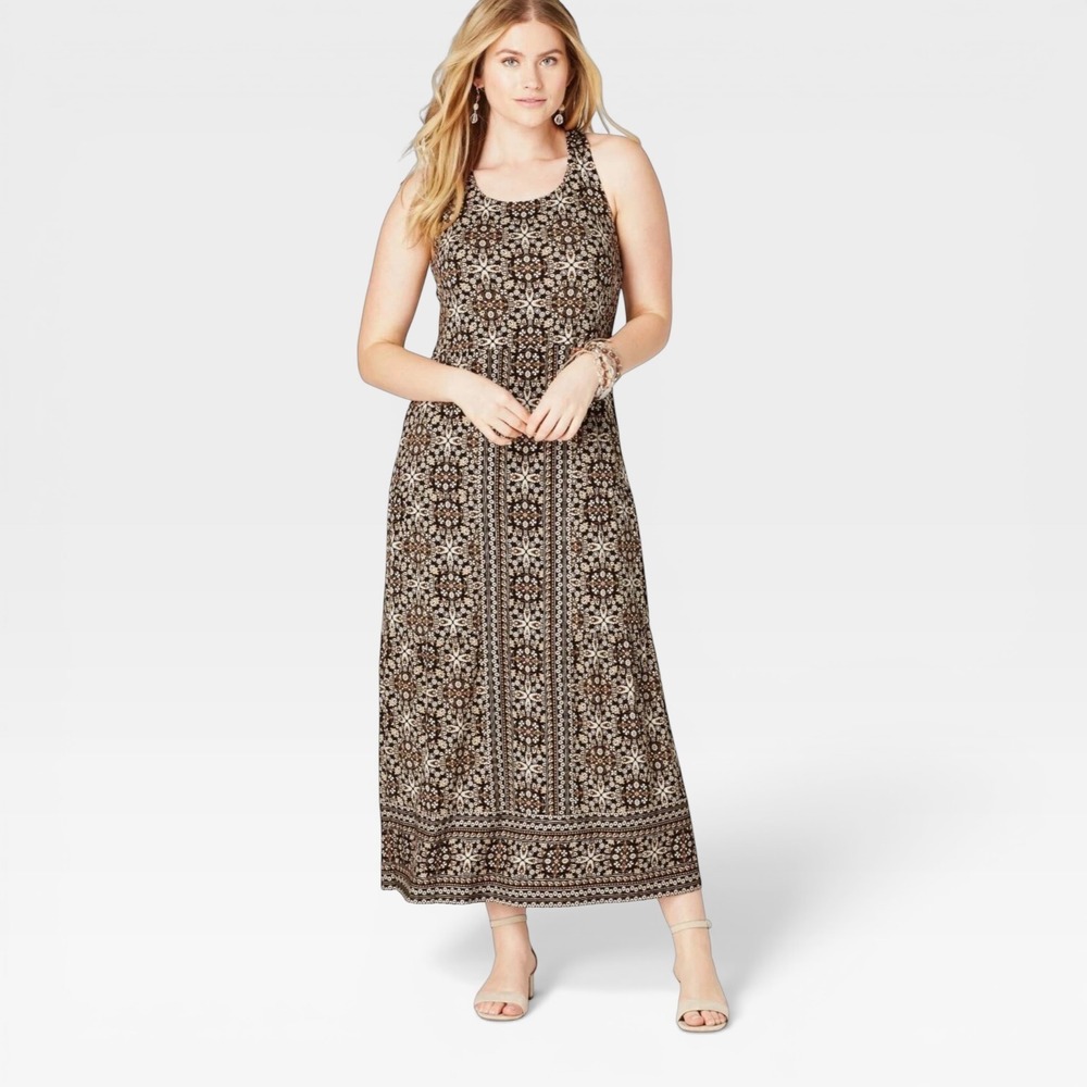 J. JIll Brown Geo Pattern Halter Knit Maxi Dress Size 1X